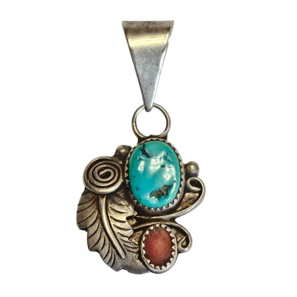 Vintage 1970s Navajo Turquoise and Coral Sterling Silver Pendant - Picture 1 of 3